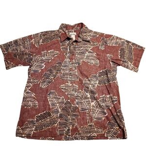 Vintage Hawaiian Made In Hawaii Short Sleeve‎ Button Up Red Leaves Cotton SZ:L